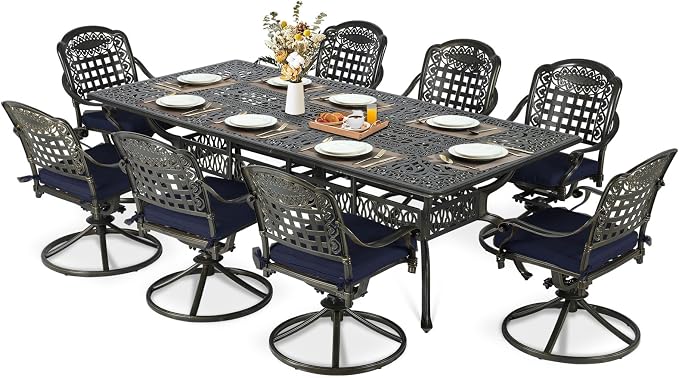 MEETWARM 9-Piece Outdoor Patio Dining Set, All Weather Cast Aluminum Patio Funiture Table and Chairs Set- 94.5” Rectangle Table and 8 Cushioned Swivel Rocker Chairs, Umbrella Hole, Navy Blue