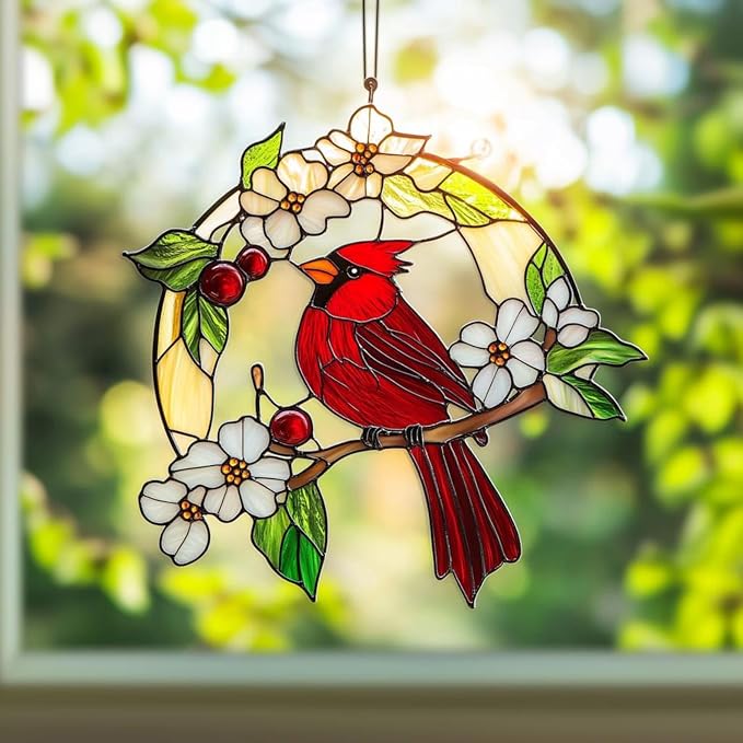 Cardinal Red Bird Suncatcher Memorial Suncatchers for Window Hanging Ornament Sympathy Stained Glass Effect Art Garden Decor for Cardinal Lover Gifts for Mother's Day, Mom, Grandma, Wife, Women, Nana