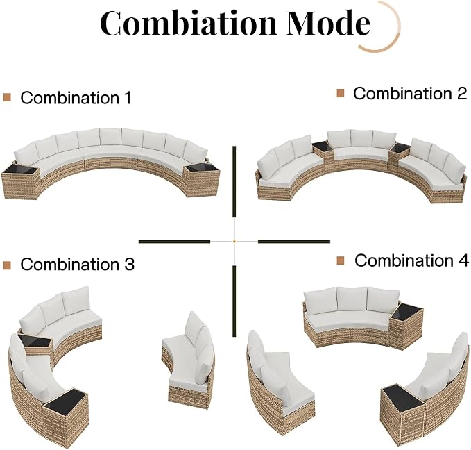 Jocisland 3-Piece All-Weather Wicker Conversation Set, Half-Moon Outdoor Sectional Sofa with Removable Cushions, Rattan Patio Furniture Set for Backyard, Garden & Deck, Beige