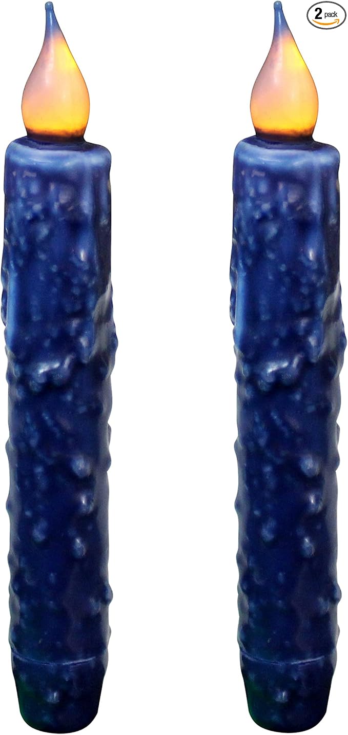 CVHOMEDECO. Real Wax Hand Dipped Battery Operated LED Timer Taper Candles Rustic Primitive Flameless Lights Decor, 6-3/4 Inch, Navy Blue, 2 PCS in a Package