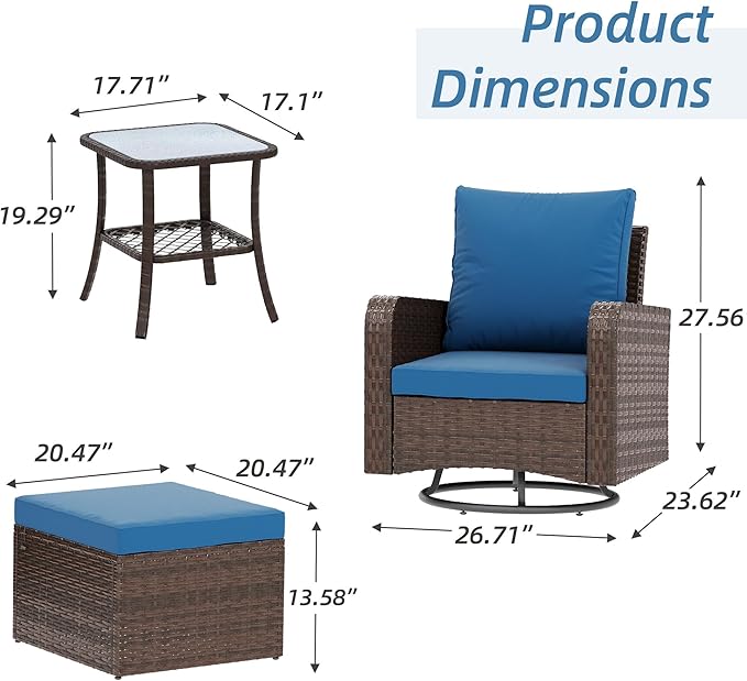 HOMREST 5 Piece Outdoor Patio Furniture Set-Wicker Swivel Chairs Set of 2 with 2 Ottoman, Coffee Table & Cushions Small Patio Furniture Set for Garden, Balcony (Navy)