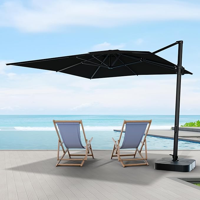 Midtown Umbrellas 9 x 9 Ft Outdoor Cantilever Patio Umbrella w/Terylast Ebony Black Fabric - Rotate 360° Offset Patio Umbrella, Deck Patio Umbrella, Backyard Umbrella & Garden Umbrella - Black Frame