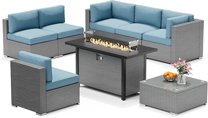 8 Pieces Outdoor Patio Furniture Set with 45” Propane Gas Firepit Table, Grey Wicker Patio Sectional Sofa Set, Outdoor Couch with Cushion and Tempered Glass Table, Sky Blue