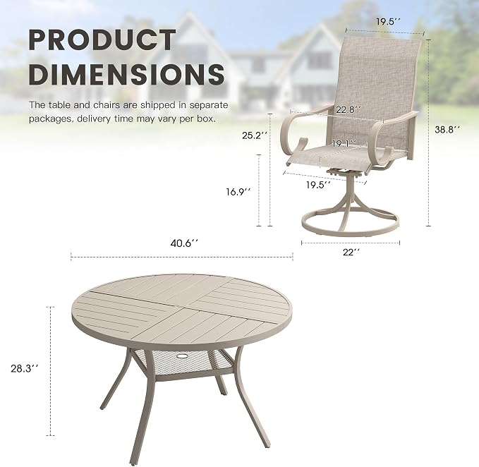 5 Pieces Patio Dining Set, 4 Outdoor Swivel Dining Chairs with 40.7" Round Metal Outdoor Dining Table with Umbrella Hole for Garden Backyard Deck, Sandshell