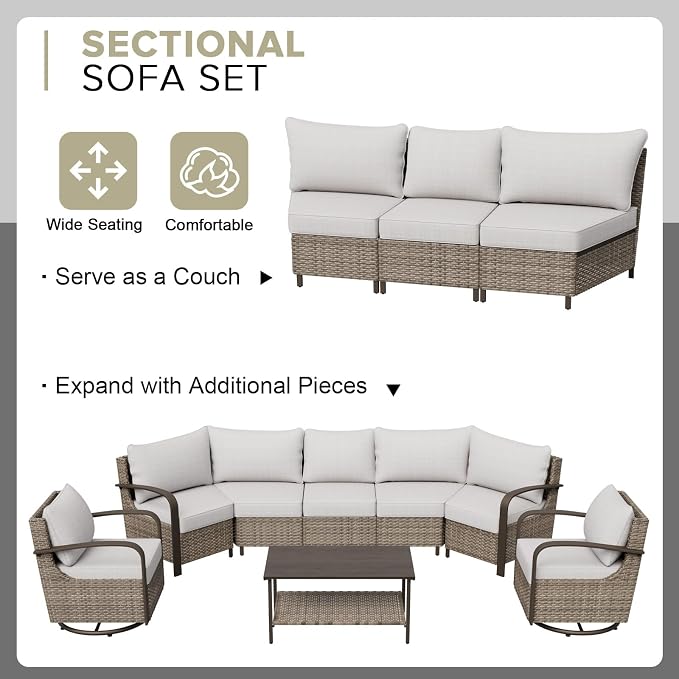 COOS BAY Aurora Terrace 7 Piece Outdoor Sectional Furniture Set, Half Moon Rattan Wicker Conversation Set with Swivel Chairs, 5 Seat Sofa, Coffee & Side Table for Patio Garden Yard, Beige/Beige