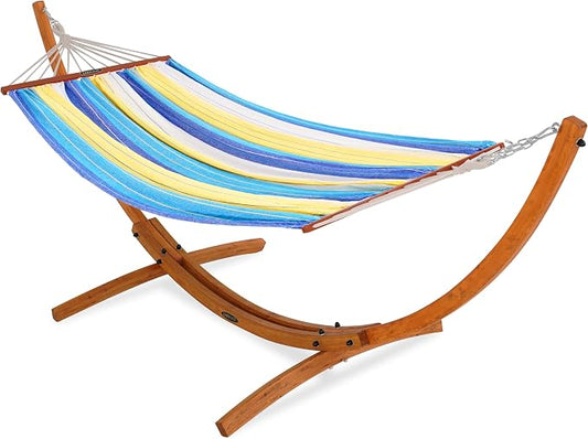 Lazy Daze Hammocks Cotton Fabric Spreader Bar Hammock and 10.5 Ft Wood Arc Hammock Stand Combo, for Outdoor, Indoor, Patio, Backyard, Blue and Yellow