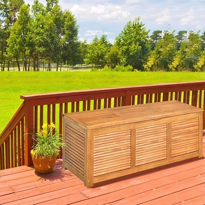 Outside Storage Deck Box Waterproof, 47 Gallon Wood Storage Bench Deck, Outdoor Patio Pool Garden Toy Slats Organization Tools with 2-3 Seating