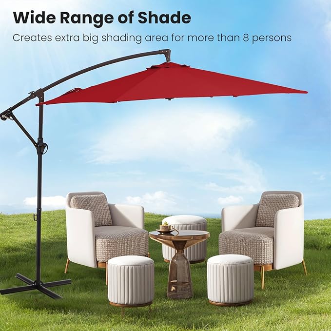 10FT Patio Umbrella, Outdoor Offset Cantilever Umbrella with Sturdy 8 Ribs, Easy Tilt Adjustment for Backyard Pool Garden,Red