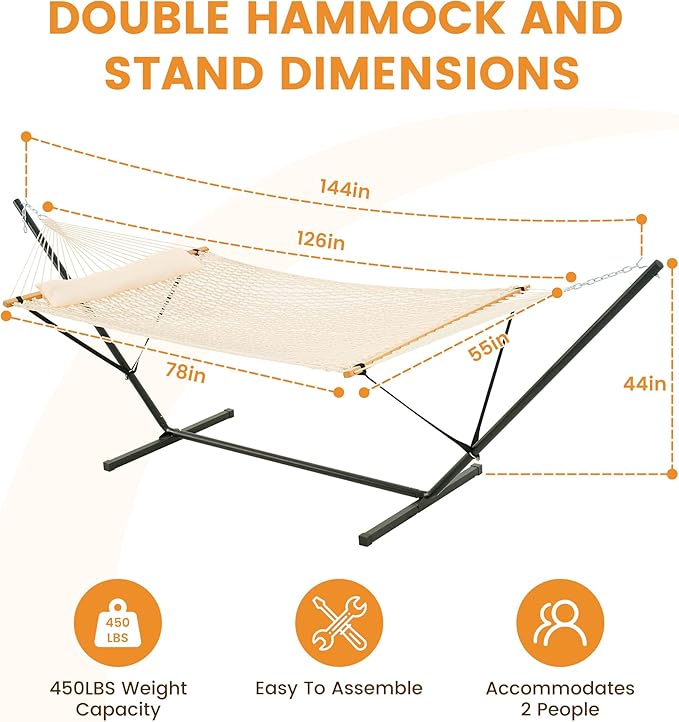 Lazy Daze Hammocks 2 Person Portable Hammock with 12FT Stand, Double Traditional Hand Woven Cotton Rope Hammock and Pillow for Outside, 450lbs Weight Capacity for Patio Backyard