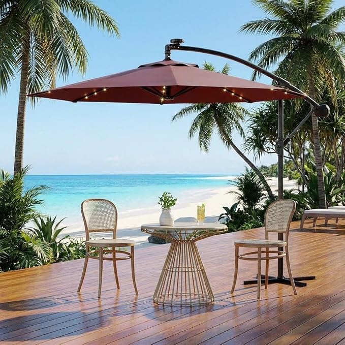 10FT Cantilever Patio Umbrella with Solar LED Lights - Heavy Duty 2-Tier Square Aluminum Offset Outdoor Umbrella, 360° Rotation for Poolside, Backyard, Deck Outdoor Use, Tan