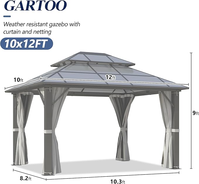 GARTOO 10x12FT Polycarbonate Hardtop Gazebo with Double Roof - Heavy-Duty Steel Frame Gazebo with Breathable Netting & Privacy Curtain for Patio, Porch, Garden, Lawn, Deck, Backyard