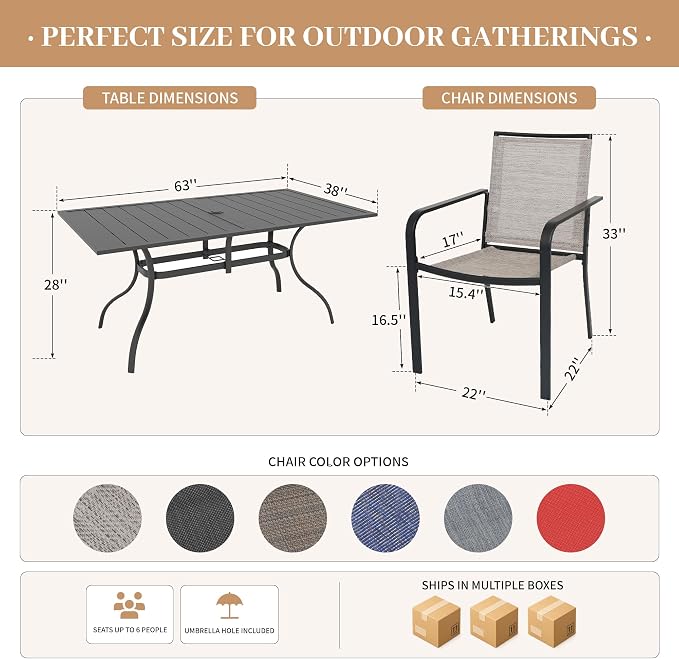 Anmutig 7-Piece Outdoor Dining Set, Powder Coated Steel Table with 6 Stackable Chairs, Red Textilene, 63 x 38 Inch Table