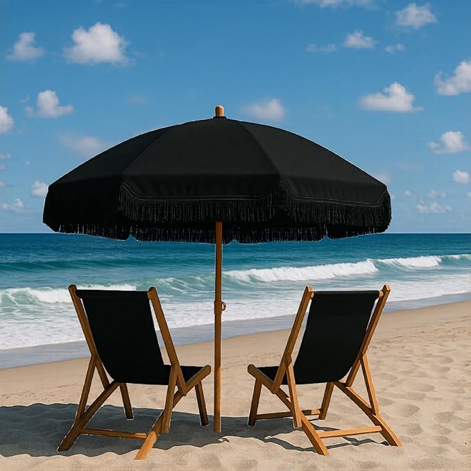 6 Ft Fringe Patio Umbrella - Outdoor Umbrella for Patio, Pool, Table, Garden, Deck, Beach, and Outdoors - Fashionable Boho Vintage Tassels & Wood Print - Push Button Tilt Pole