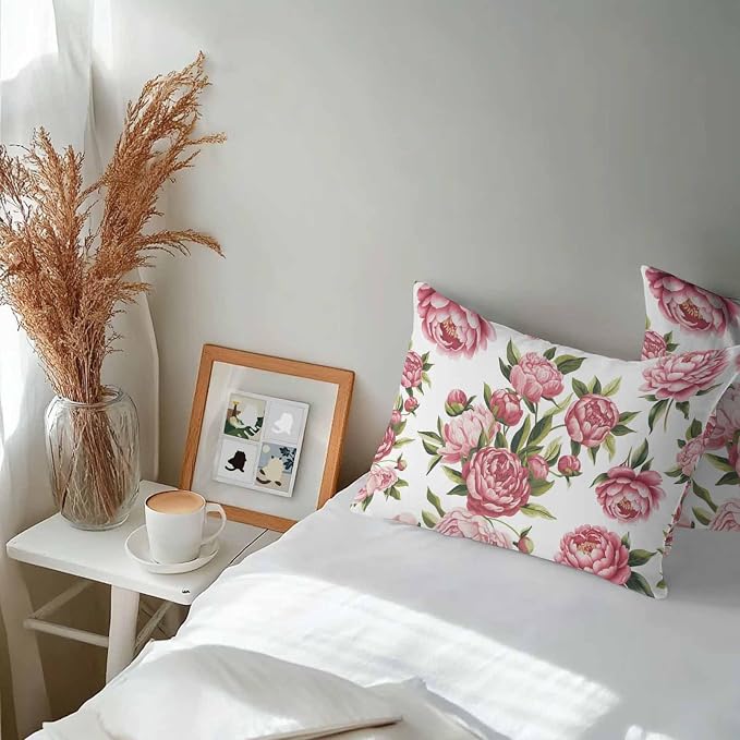 Vandarllin Outdoor Throw Pillows Covers 20x12 inch Set of 2 Waterproof Pink Rose Floral Decorative Zippered Cushion Covers for Patio Furniture, Leaves Flowers Lumbar Pillowcases
