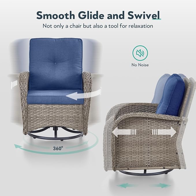 7 Piece Patio Furniture Set - Wicker Patio Conversation Set with Swivel Glider, Glider Loveseat, Tempered Glass Side Table and 2 Ottomans for Deck Backyard - Grey Wicker Blue Cushion