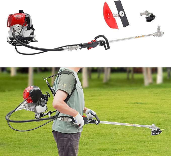 Brush Cutter, 4-Stroke 31CC 750W Backpack Gas Lawn Edger Single Cylinder Air Cooled Weed Wacker Multifunction Weed Eater Aluminum Gas Powered Weed Trimmer Garden Trimmer w/0.172 Gal Fuel Tank Capacity