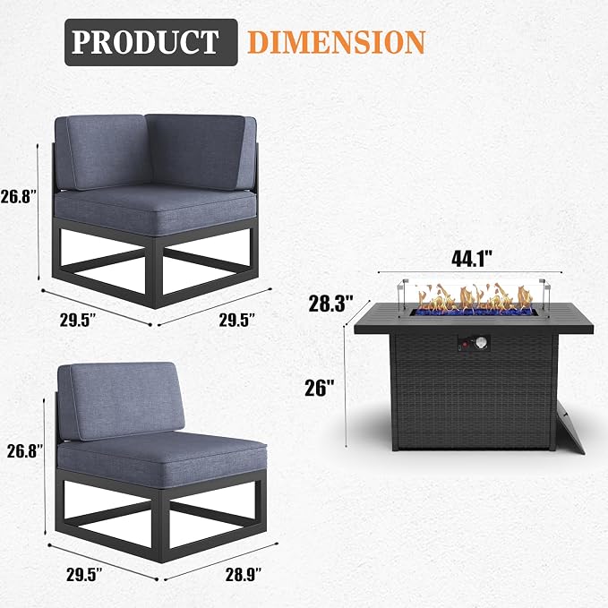 7 Pieces Aluminum Patio Furniture Set with Propane Gas 44" Fire Pit Table, Metal Outdoor Conversation Sofa Set with Seating Cushions