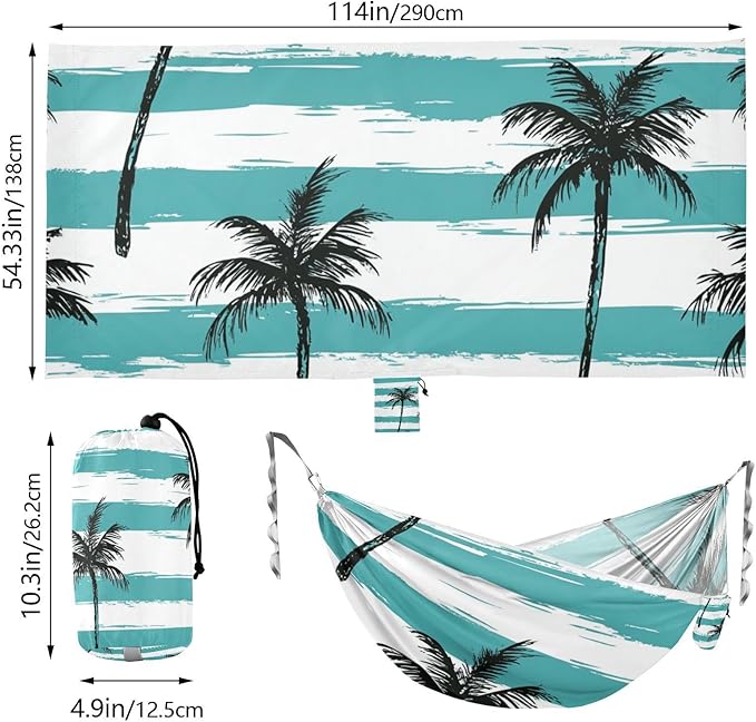 Palm Tree Summer Beach Blue 330lb Capacity Outdoor Hammocks with Tree Straps Fabric Hammock for Patio Backyard Lounge Base hamacas para adultos 2 Personas