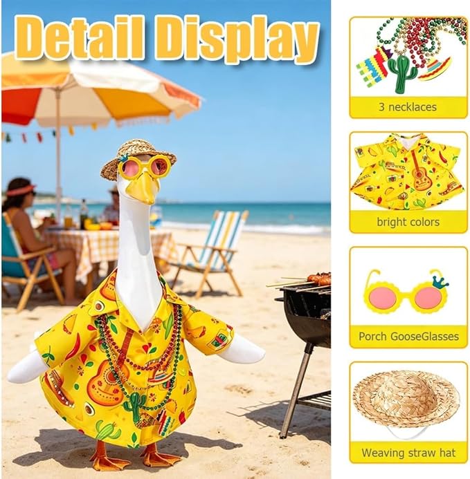 Hawaiian Porch Goose Outfits,Mexican Style Goose Summer Outfit,Yellow Shirt with Straw Hat Glasses Necklaces Fits 23" Geese Statue, Summer Garden Lawn Patio Yard Outdoor Decor