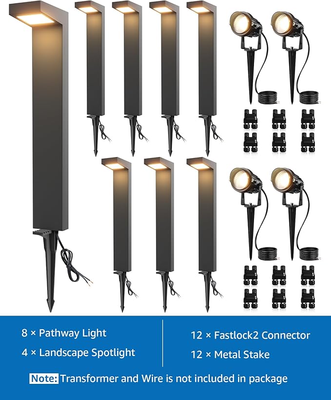 SUNVIE LED Low Voltage Landscape Lighting Kit Outdoor Waterproof Low Voltage Pathway Lights Wired with Spotlights 3000K Modern Outdoor Landscape Lights with Connectors for Path Yard Garden, 12 Pack