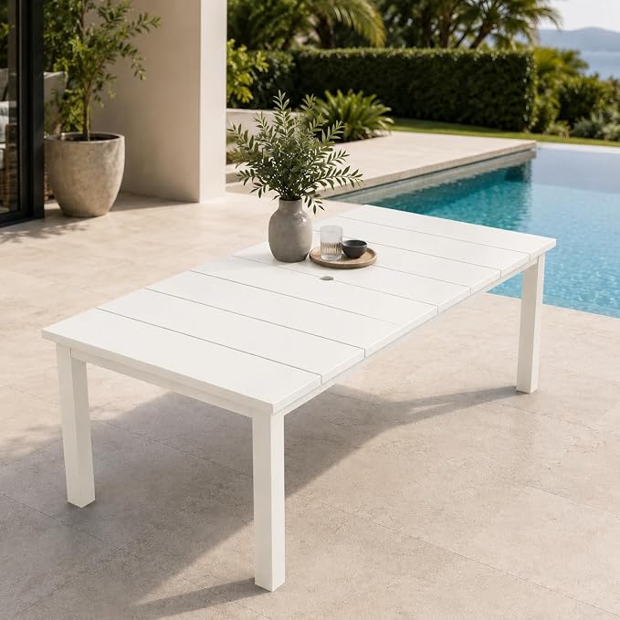 75.2" HDPE Outdoor Dining Table for 4-6 People, Rectangular Patio Dining Table with Umbrella Hole, All Weather Patio Dining Outdoor Table for Deck, Backyard and Garden, White