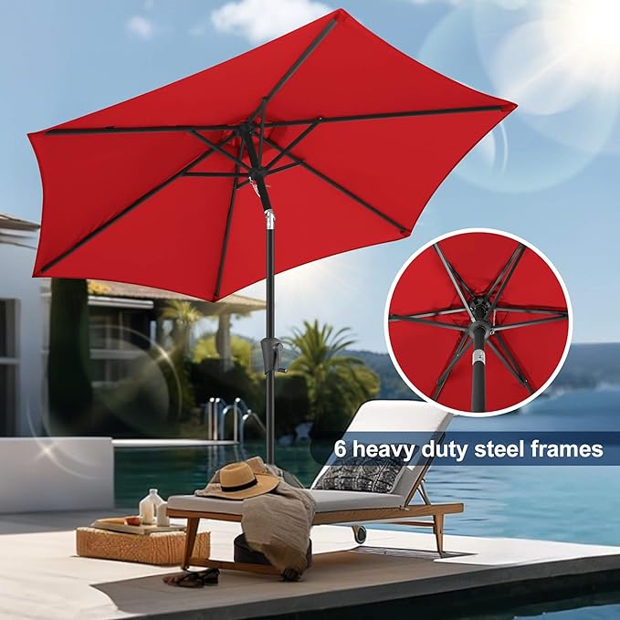FLAME&SHADE 7.5ft Patio Umbrella - Outdoor Umbrella with Push Button Tilt and Crank for UV Protection, Table Market Umbrella for Garden, Deck, Backyard, Pool and Beach(Red)