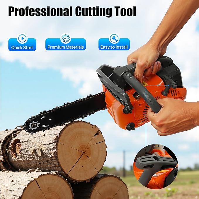 12 Inch Gas Chainsaw 25.4cc 2-Stroke Handheld Cordless Chain Saw Gas Powered 900W Portable Top Handle Chainsaw with Quick Start for Tree Wood Cutting, Sack Sawing, Green Pruning