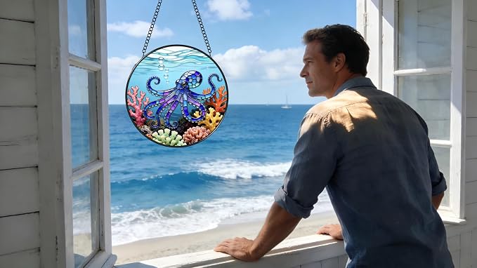 Stained Glass Window Hanging - The Blue Octopus is Foraging in The Coral 6.3 Inches Suncatcher for Garden Home Decor for Women Mom Grandma Friends