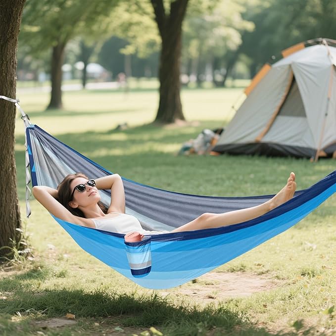 Blue Striped Camping Hammocks with Hanging Rope Hammock for Outside Essentials