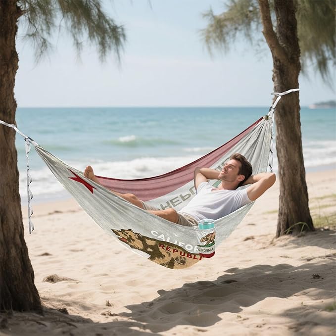California Flag Camping Hammock, Portable Lightweight Single Hammock with Tree Straps and Aluminum Carabiners, 114" x 54" Travel Hammock for Hiking Backpacking Beach