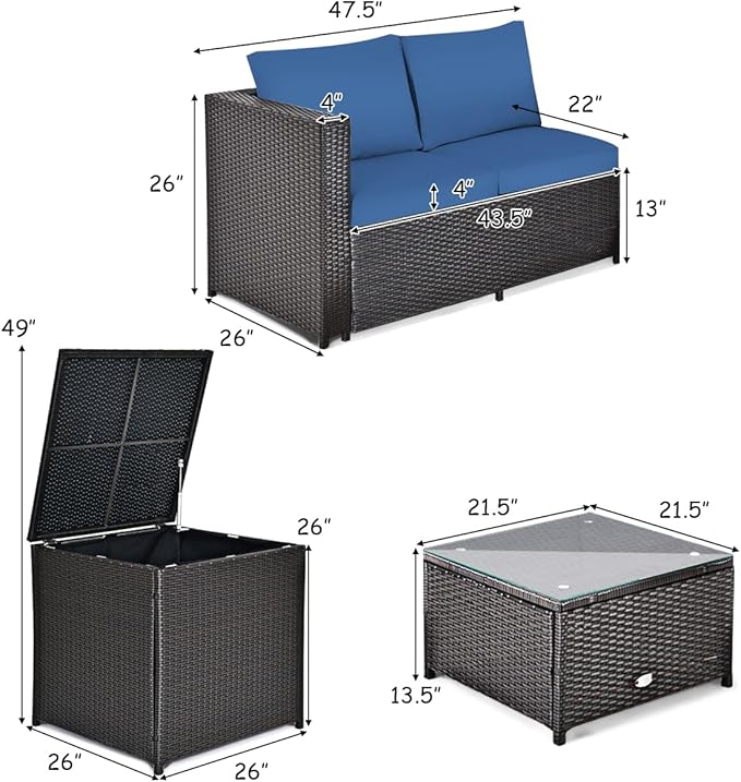 Tangkula 8 Piece Wicker Patio Set with Storage, All Weather-Proof Outdoor Conversation Set, with Loveseat, Coffee Table & Storage Box, Suitable for Garden, Poolside, Sunroom (2, Navy Blue)
