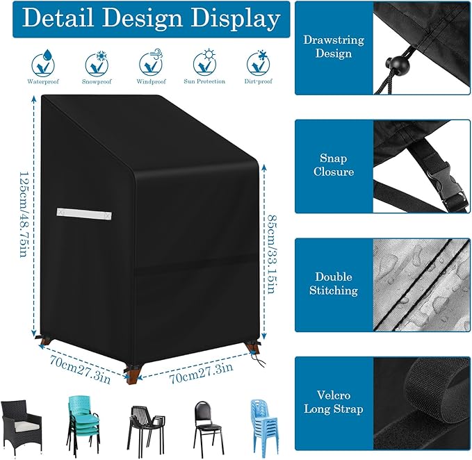 Stacking Outdoor Chair Cover Waterproof, Patio Chair Cover Lawn Outside Patio Furniture Covers Stacked Chairs, Lounge Chair Covers Outdoor Stack Chairs for 4-6 Stackable Dining Chairs, 33"Lx27"Dx48"H