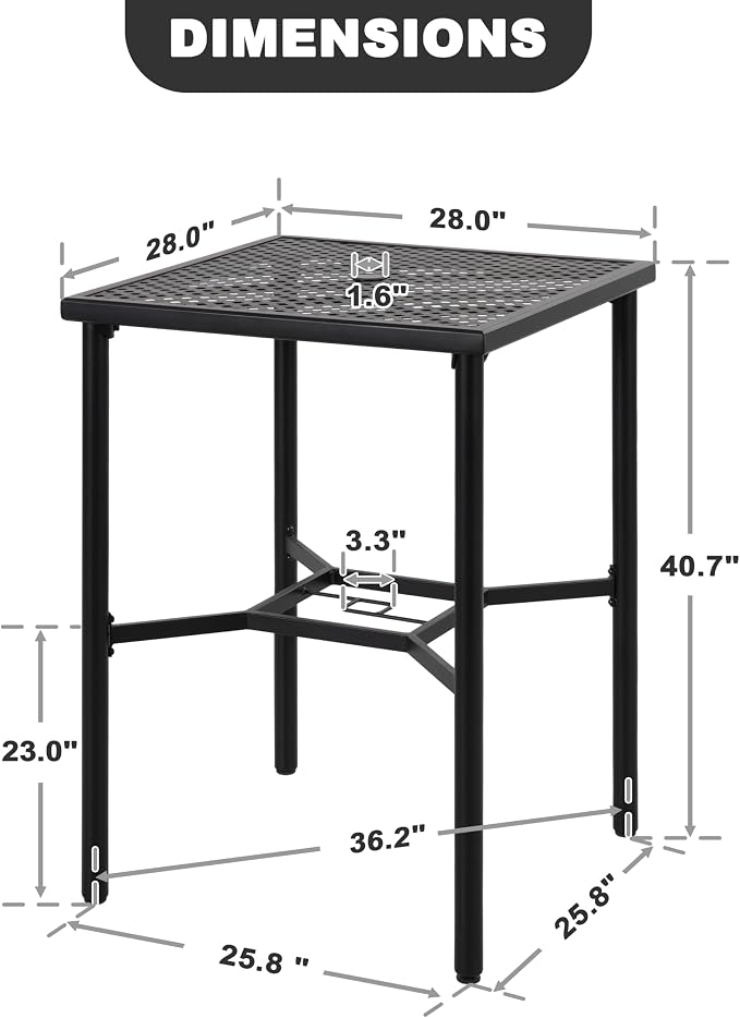NUU GARDEN Patio Bar Table with Umbrella Hole, Bar Height Bistro Table, Black