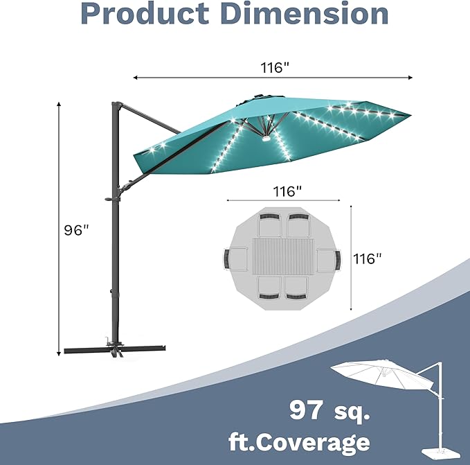 Devoko 10ft Solar LED Patio Umbrella, Round Cantilever Outdoor Umbrella with Solar Lights and 360-Degree Rotation, Large Hanging Offset Market Umbrella with Easy Tilt for Patio Deck Garden,Turquoise