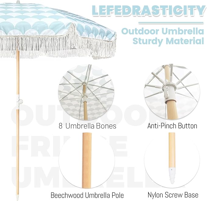 Lefedrasticity Boho Outdoor Umbrella with Tassels,6ft Table Umbrella Outdoor Patio with Knobs Tilt,Wind Resistant Portable Beach Umbrella UPF50+ Fringe Umbrellas For Pool Backyard Deck Garden