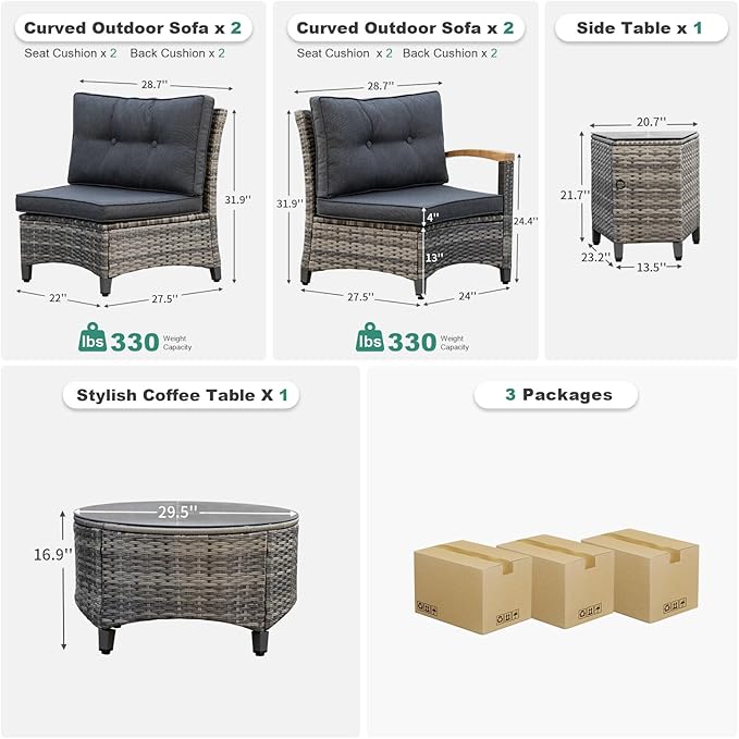 MEISSALIVVE 6 Piece Outdoor Patio Furniture Set, Half-Moon Curved Sectional Set with Wood Armrests, Patio Conversation Set, Tempered Glass Coffee & Side Tables (Grey)