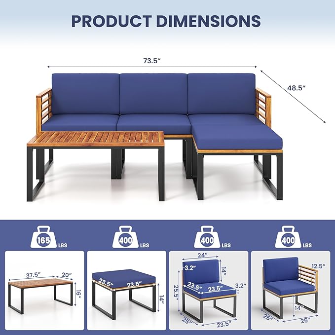 Tangkula 5 Pieces Patio Conversation Set, Acacia Wood Chair Set with Ottoman & Coffee Table, Comfy Seat & Back Cushions, Outdoor Wood Furniture Set for Backyard, Poolside, Garden