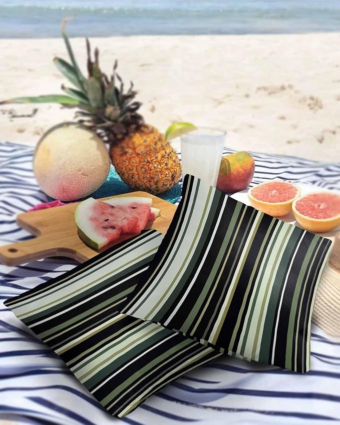 Outdoor Waterproof Pillow Covers for Patio Simple Stripe Decorative Throw Pillow Cover Black And Green Geometric Pattern Pillowcases Set of 2 Cushion Case for Sofa Couch Chair Home Decor 16x16 inch