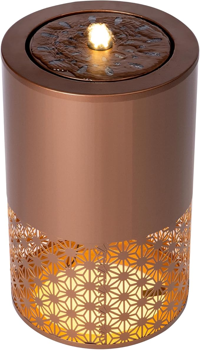 Christopher Knight Home Leva 20.87" H Metal Water Fountain Outdoor with LED Light, Recirculating Pump Outdoor Fountain for Lawn/Backyard, Freestanding Candle Style Cascading Water, Brown