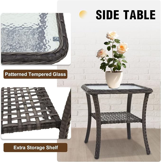 EAGLE PEAK Rustic Veranda Outdoor Wicker Side Table with Lower Storage, Rattan Coffee Table with Tempered Glass Top, Stonewash Gray