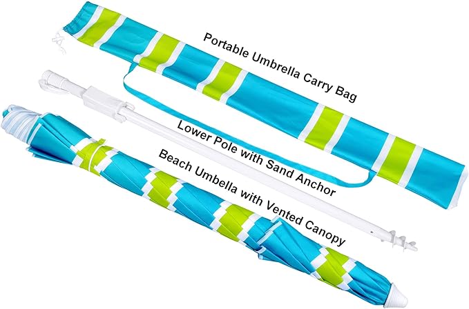 Beach Umbrella, 7ft Umbrella with Sand Anchor & Tilt Pole, Portable UV 50+ Protection Wind Vent Canopy Carry Bag, CA1601