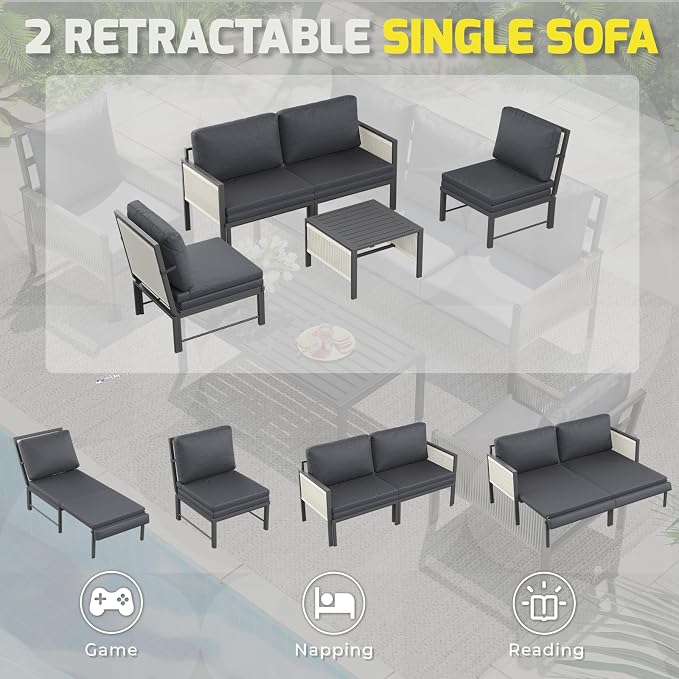 AECOJOY Aluminum Patio Furniture Set 8 Seats Outdoor Sectional Couch with Coffee Central Table Patio Conversation Sets for Porch Deck (Dark Grey, 8PCS, 8 Seat)