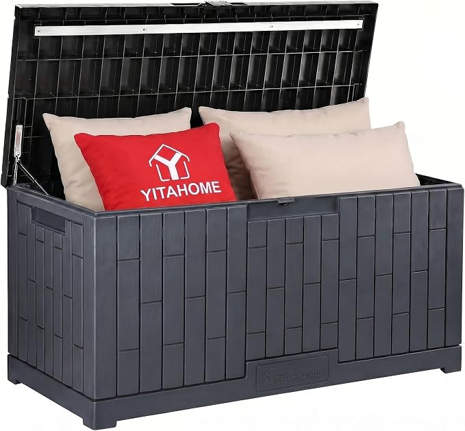 YITAHOME 120 Gallon Outdoor Storage Deck Box, Large Resin Patio Storage Box with Slide-Locking Lid, 53" L 2-Person Bench Seat for Outdoor Pillows, Garden Tools & Pool-Supplies, Waterproof (Dark Gray)