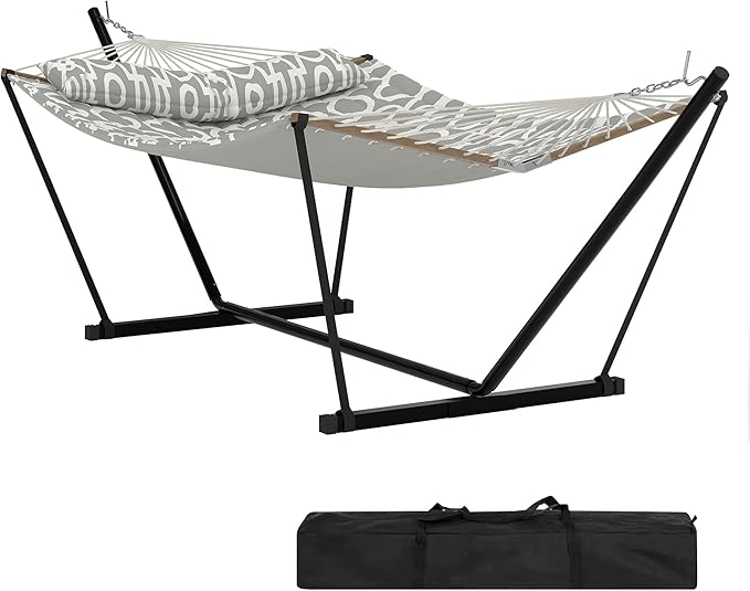 2 Person Double Hammock with Adjustable Steel Stand & Pillow, Heavy Duty Portable Outdoor Hammock Set, MAX 450 LBS Weight Capacity for Patio, Garden, Beach, Backyard