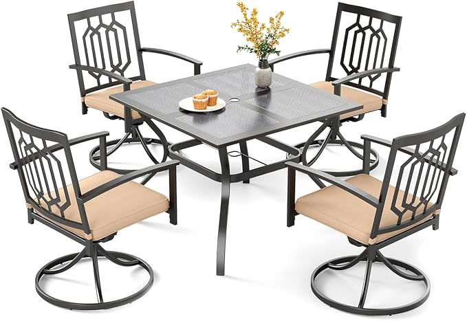 PHI VILLA Patio Dining Set, Swivel Chairs, Square Steel Table | Metal chairs, Hexagon Back Swivel Chair, 1.57" umbrella hole, 360° swivel, cushioned