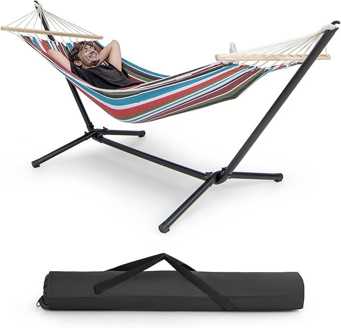 Tangkula Hammock with Stand, 10.5Ft Space Saving Steel Hammock Stand with Cotton Hammock & Carrying Bag, Indoor Outdoor Hammock Combo for Backyard, Patio, Porch