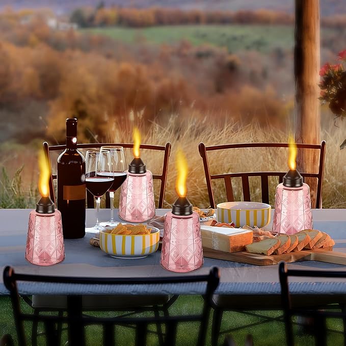 4-Pack Glass Table Top Torches - 12oz Refillable Citronella Torches Canisters for Outdoor, Includes Wick & Cap, Decorative Lanterns for Patio, Garden, Yard, Party, Landscape (4 Pack-Pink)