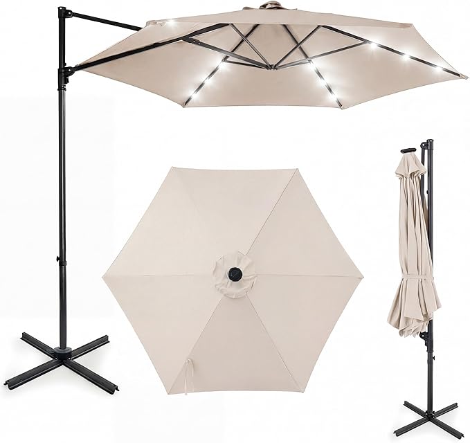 HAPPYGRILL 10 FT Patio Umbrella with Solar Lights, Outdoor Offset Cantilever Umbrella with White LED Lights, 360 Degree Rotation, Air Vent for Pool Deck Garden Backyard