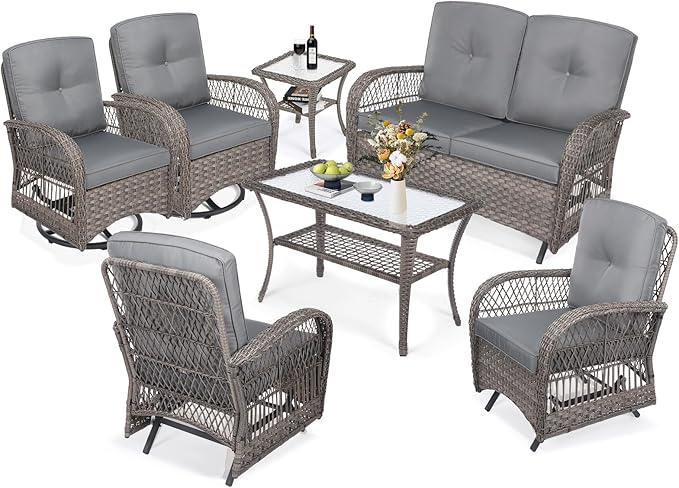 MEETWARM 7 Pieces Outdoor Patio Rattan Furniture Sets, All Weather Patio Wicker Conversation Set- 2 Rocking Glider, 2 Swivel Chairs, 1 Loveseat Glider w/Cushions, 2 Glass-Top Coffee Table, Gray