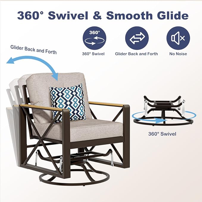 6 Piece Aluminum Patio Conversation Set, Outdoor Metal Furniture Set w/Rocking Swivel Chairs, Balcony Sectional Furniture Set with Coffee Table, Thick Cushions for Backyard, Poolside, Beige